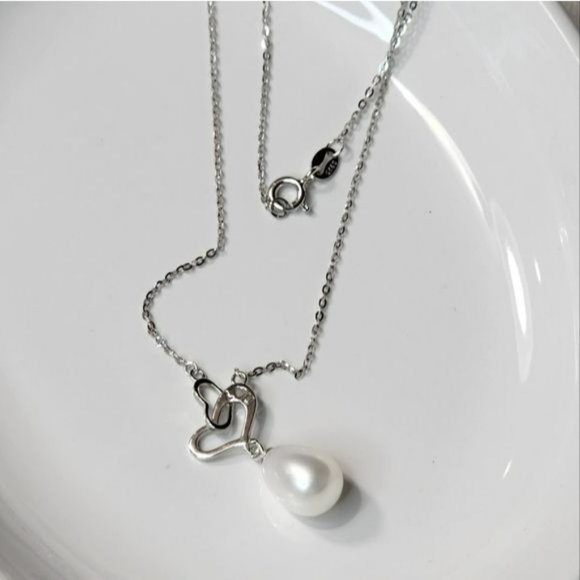 Stamped I LOVE U 925S‎ Silver Drop Freshwater Pearl Pendant Heart Necklace - Picture 2 of 16